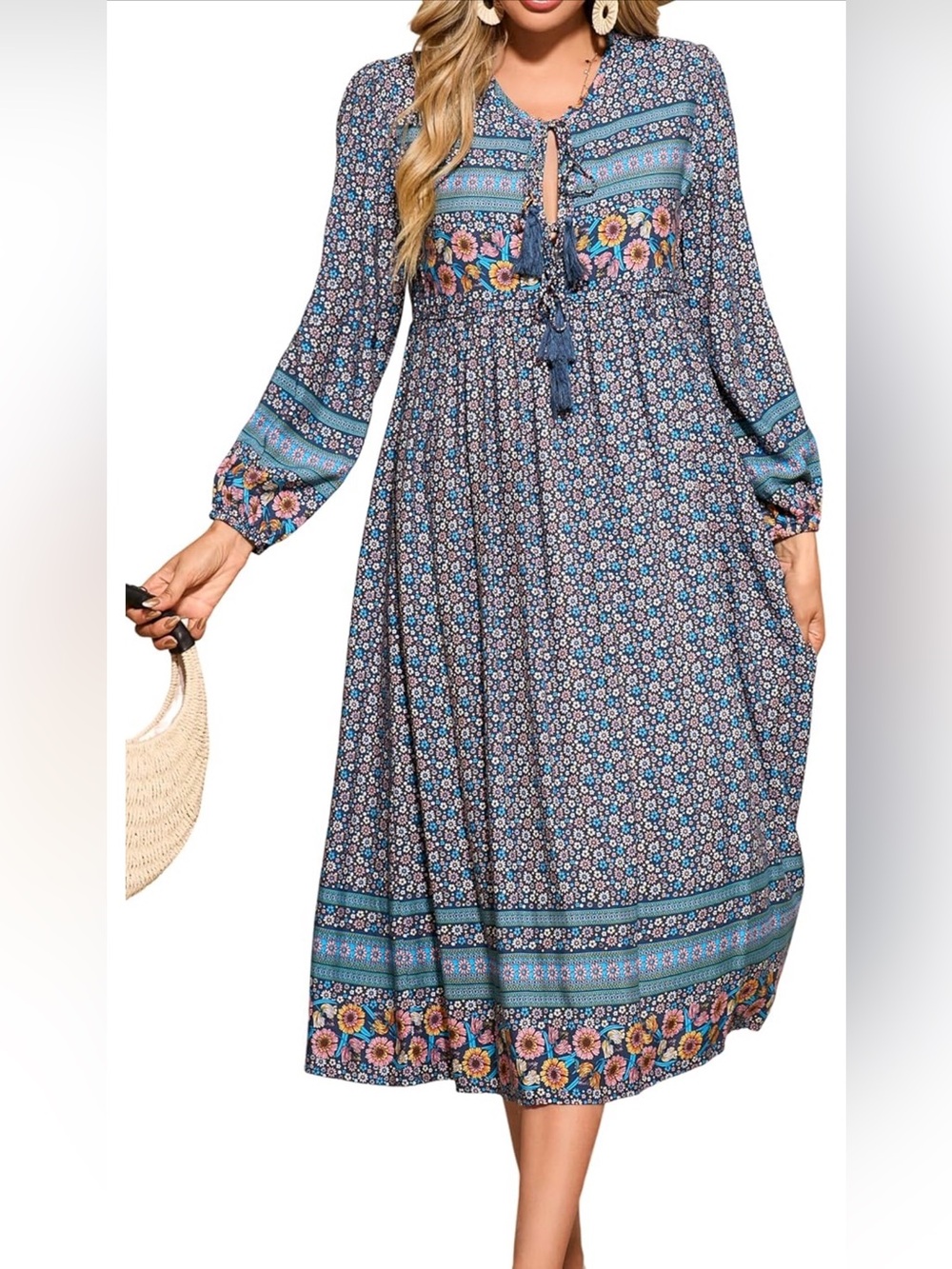 NWT Boho Blue Floral Midi Dress with Tassel Tie Boho, small